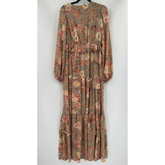 Flying Tomato Womens Sz XL Brown Floral Long Sleeve Maxi Dress Tiered Ruffle - Picture 7 of 8